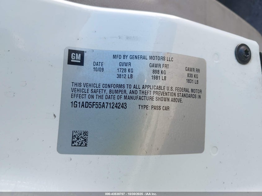 2010 Chevrolet Cobalt Lt VIN: 1G1AD5F55A7124243 Lot: 43538707