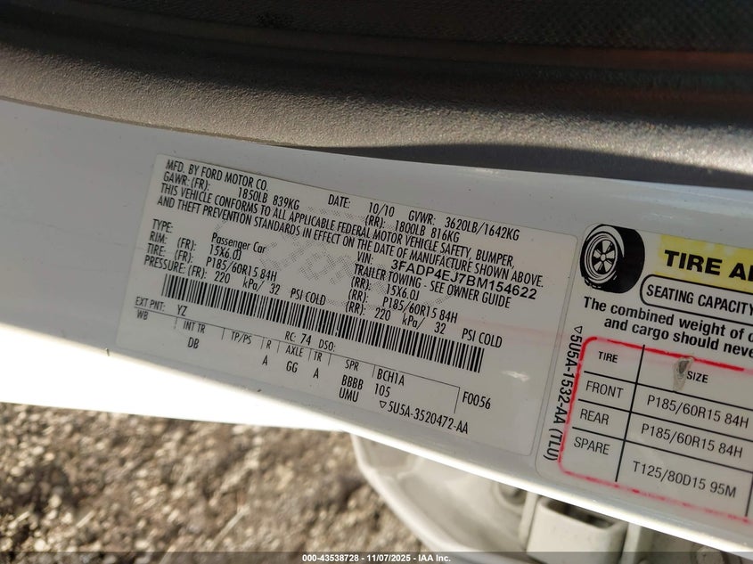 2011 Ford Fiesta Se VIN: 3FADP4EJ7BM154622 Lot: 43538728