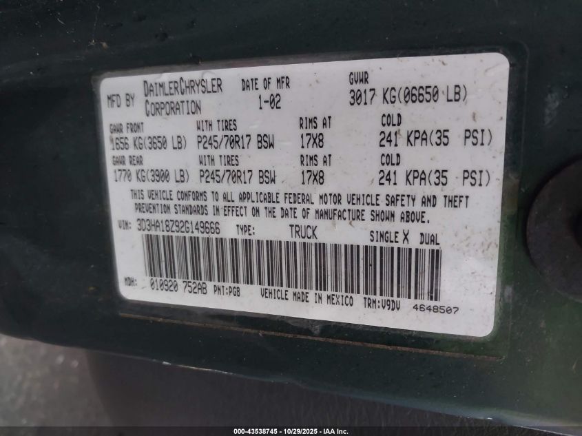 2002 Dodge Ram 1500 St VIN: 3D3HA18Z92G149666 Lot: 43538745