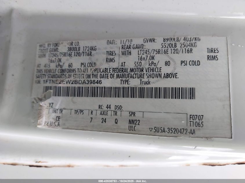 2011 Ford E-250 Commercial VIN: 1FTNE2EW2BDA39846 Lot: 43538753