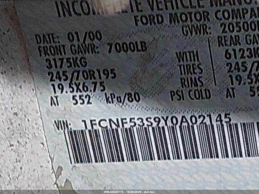 2000 Ford F550 Super Duty Stripped Chass VIN: 1FCNF53S9Y0A02145 Lot: 43951438