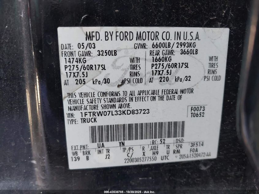 2003 Ford F-150 Lariat/Xlt VIN: 1FTRW07L33KD83723 Lot: 43538785