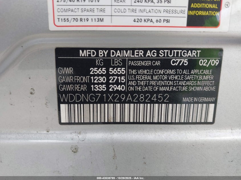 2009 Mercedes-Benz S 550 VIN: WDDNG71X29A282452 Lot: 43538789