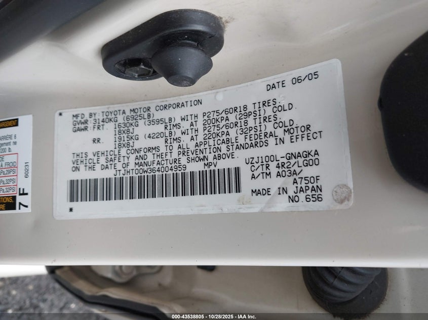 2006 Lexus Lx 470 VIN: JTJHT00W364004959 Lot: 43538805