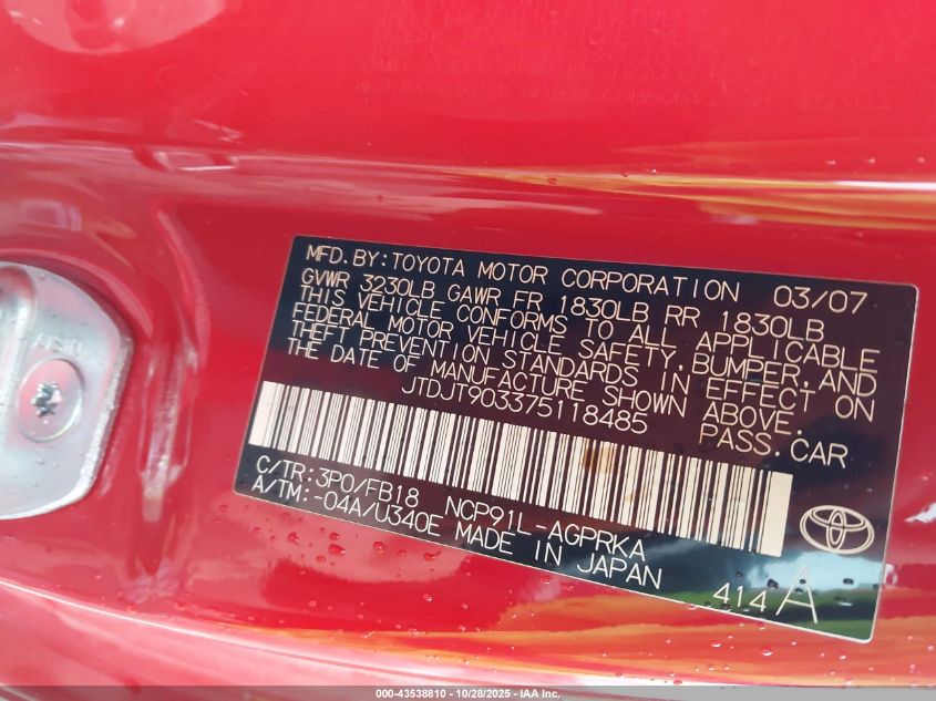 2007 Toyota Yaris VIN: JTDJT903375118485 Lot: 43538810