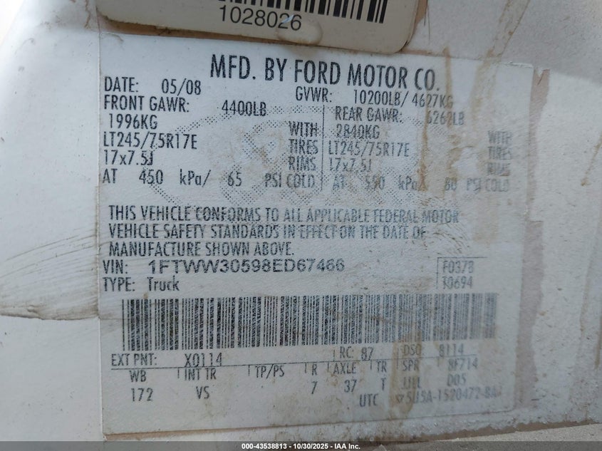 2008 Ford F-350 King Ranch/Lariat/Xl/Xlt VIN: 1FTWW30598ED67466 Lot: 43538813