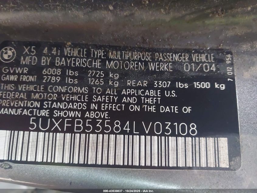 2004 BMW X5 4.4I VIN: 5UXFB53584LV03108 Lot: 43538837