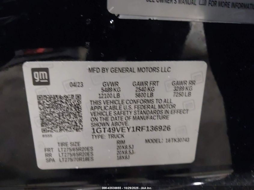 2024 GMC Sierra 3500Hd 4Wd Standard Bed At4 VIN: 1GT49VEY1RF136926 Lot: 43538855