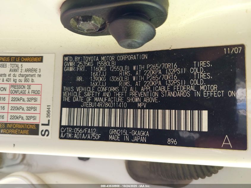 2008 Toyota 4Runner Sr5 V6 VIN: JTEBU14R78K011410 Lot: 43538908