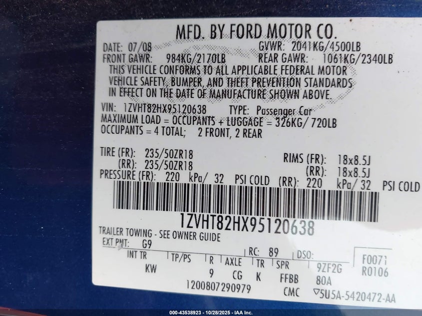 2009 Ford Mustang Gt/Gt Premium VIN: 1ZVHT82HX95120638 Lot: 43538923