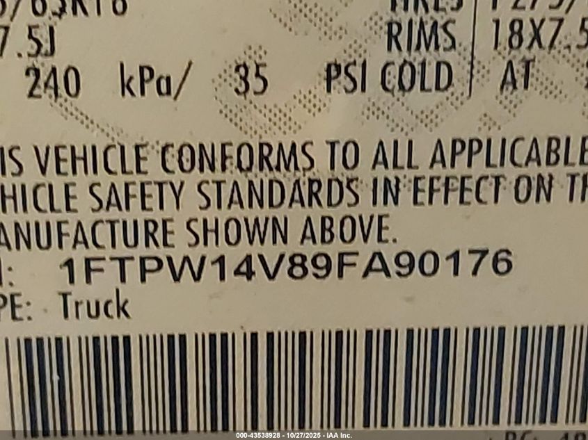 2009 Ford F-150 Fx4/King Ranch/Lariat/Platinum/Xl/Xlt VIN: 1FTPW14V89FA90176 Lot: 43538928