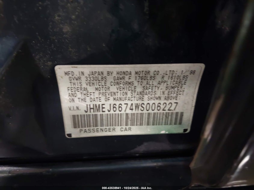 1998 Honda Civic Lx VIN: JHMEJ6674WS006227 Lot: 43538941
