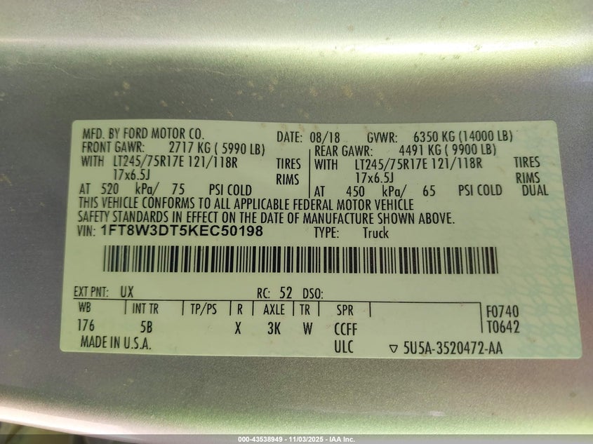 2019 Ford F-350 Lariat VIN: 1FT8W3DT5KEC50198 Lot: 43538949