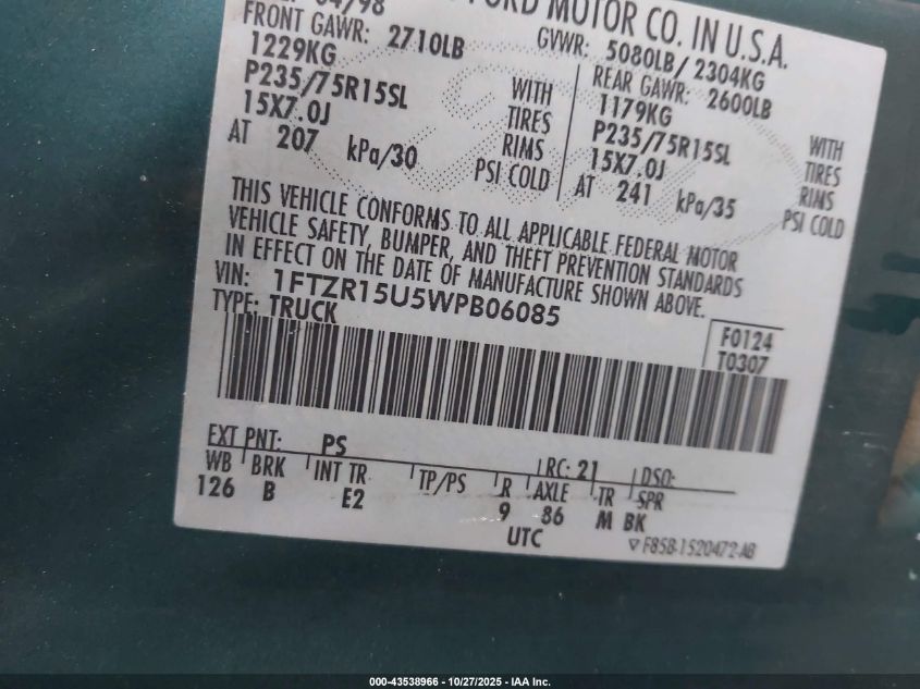 1998 Ford Ranger Splash/Xl/Xlt VIN: 1FTZR15U5WPB06085 Lot: 43538966