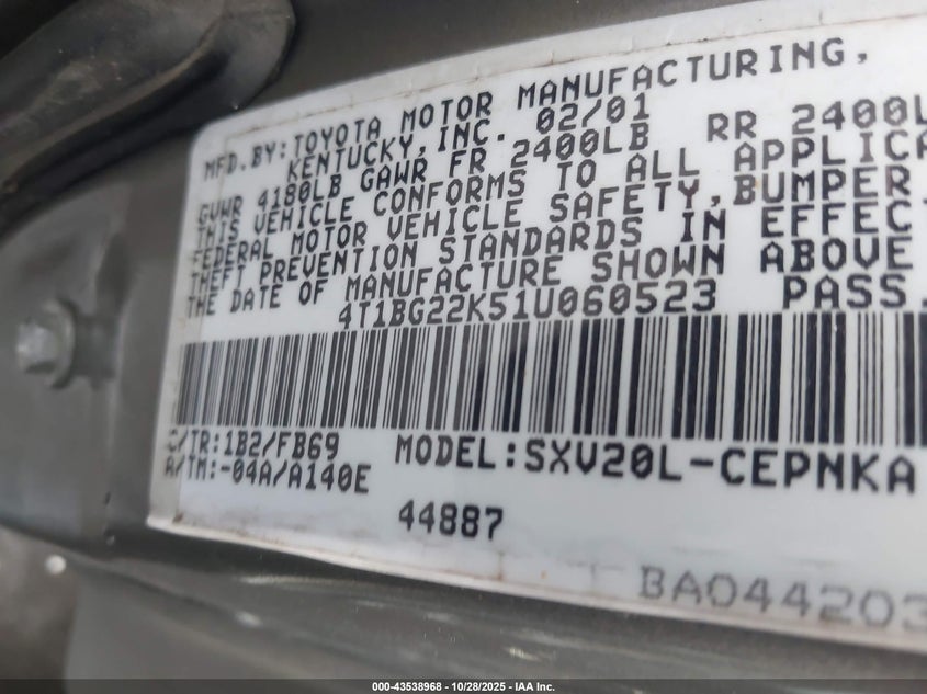 4T1BG22K51U060523 2001 TOYOTA CAMRY photo no. 9