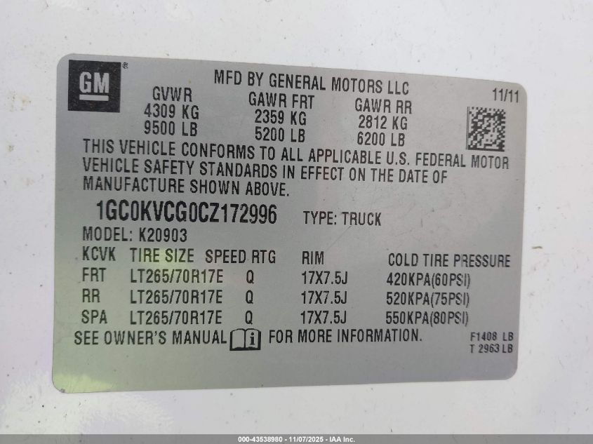 2012 Chevrolet Silverado 2500Hd Work Truck VIN: 1GC0KVCG0CZ172996 Lot: 43538980