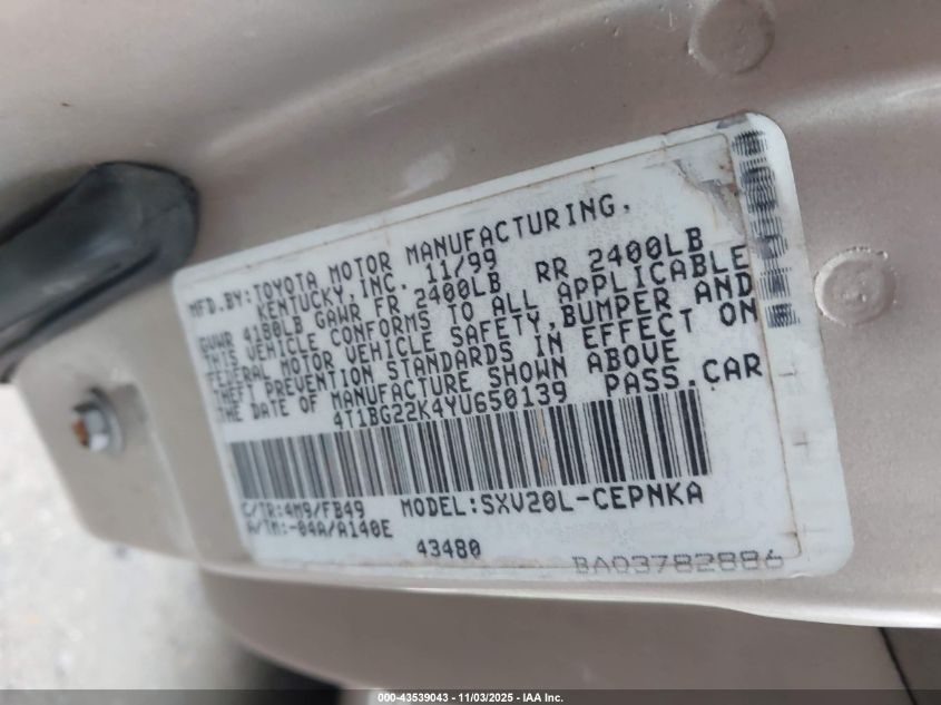 2000 Toyota Camry Le VIN: 4T1BG22K4YU650139 Lot: 43539043