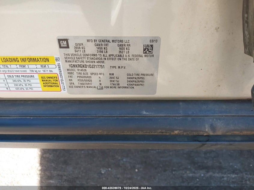 2013 CHEVROLET TRAVERSE 1LT 1GNKRGKD1DJ217751