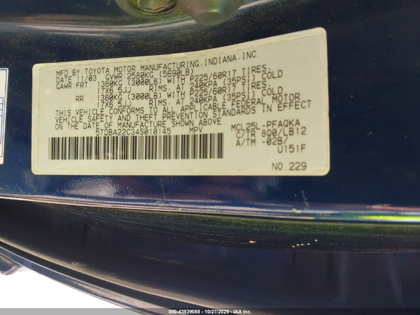 2004 Toyota Sienna Xle Limited VIN: 5TDBA22C34S010145 Lot: 43539088