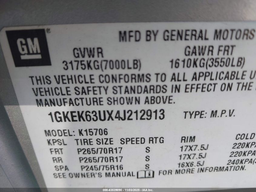 2004 GMC Yukon Denali VIN: 1GKEK63UX4J212913 Lot: 43539090