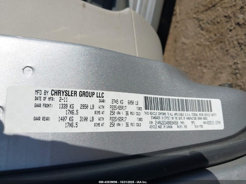 2011 Volkswagen Routan Se VIN: 2V4RW3DG4BR694950 Lot: 43539096