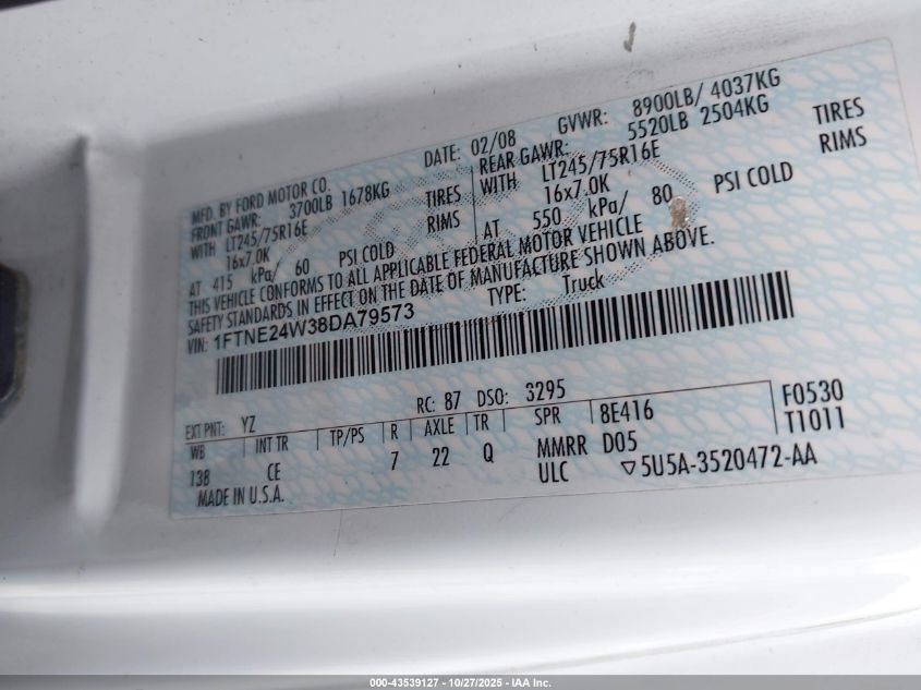 2008 Ford E-250 Commercial/Recreational VIN: 1FTNE24W38DA79573 Lot: 43539127