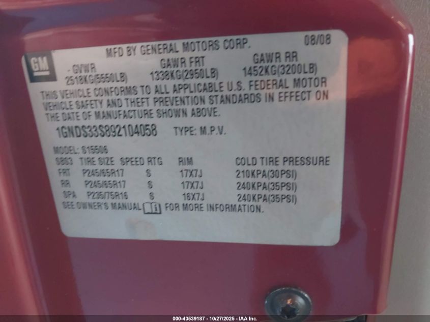 2009 Chevrolet Trailblazer Lt VIN: 1GNDS33S892104058 Lot: 43539187