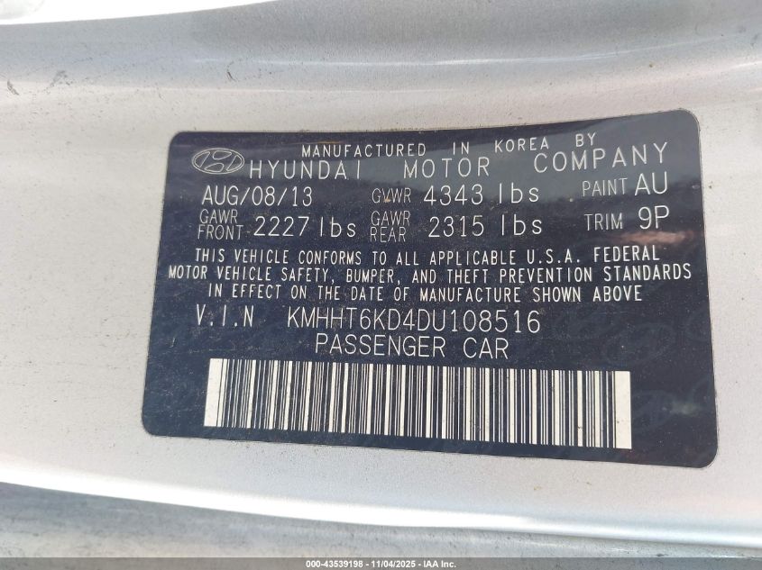 2013 Hyundai Genesis 2.0T Premium VIN: KMHHT6KD4DU108516 Lot: 43539198