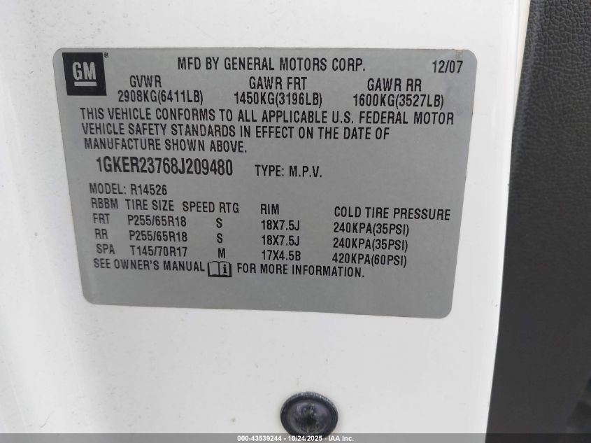 2008 GMC Acadia Slt-1 VIN: 1GKER23768J209480 Lot: 43539244