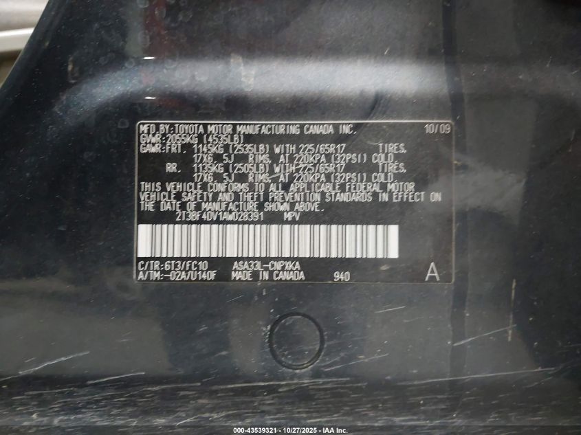 2010 Toyota Rav4 VIN: 2T3BF4DV1AW028391 Lot: 43539321