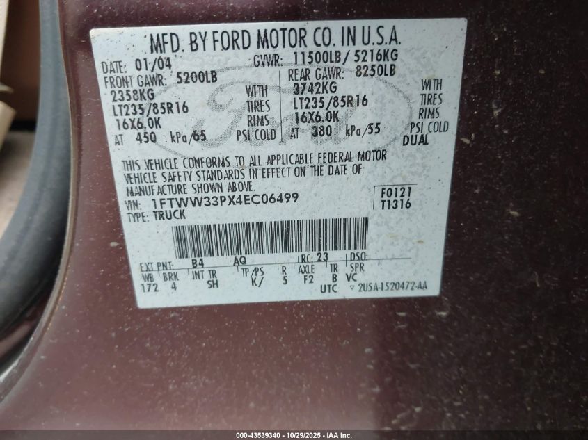 2004 Ford F-350 Lariat/Xl/Xlt VIN: 1FTWW33PX4EC06499 Lot: 43539340