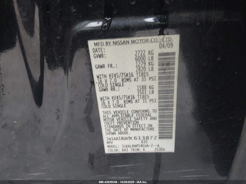 2009 Nissan Pathfinder S VIN: 5N1AR18UX9C613872 Lot: 43539346