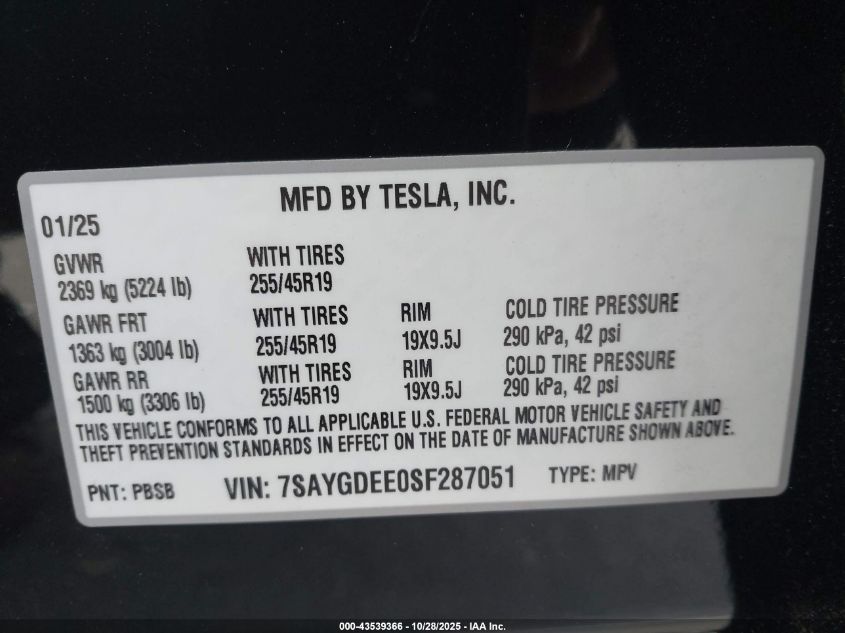 2025 Tesla Model Y Long Range Dual Motor All-Wheel Drive VIN: 7SAYGDEE0SF287051 Lot: 43539366