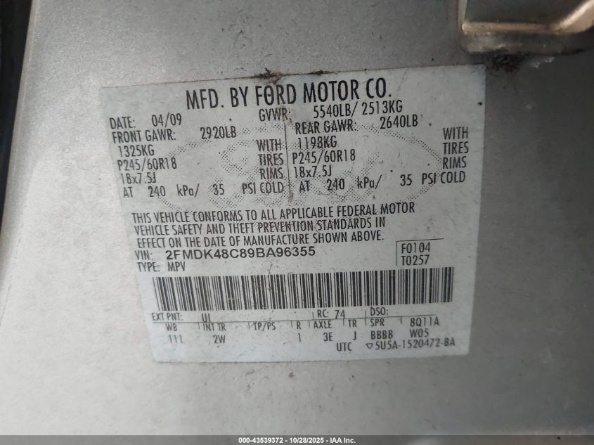 2009 Ford Edge Sel VIN: 2FMDK48C89BA96355 Lot: 43539372