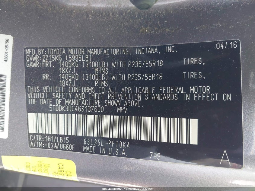 2016 Toyota Sienna Limited 7 Passenger VIN: 5TDDK3DC4GS137600 Lot: 43539392