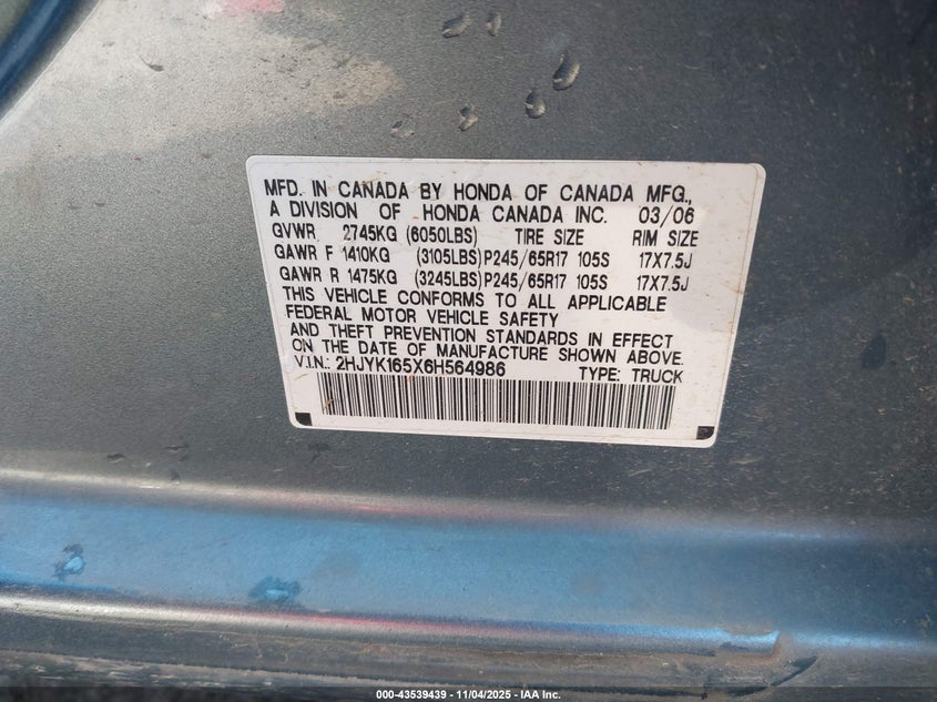 2006 Honda Ridgeline Rtl VIN: 2HJYK165X6H564986 Lot: 43539439