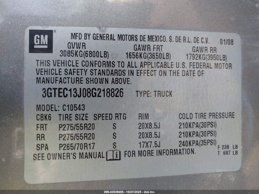 2008 GMC Sierra 1500 Sle2 VIN: 3GTEC13J08G218826 Lot: 43539455