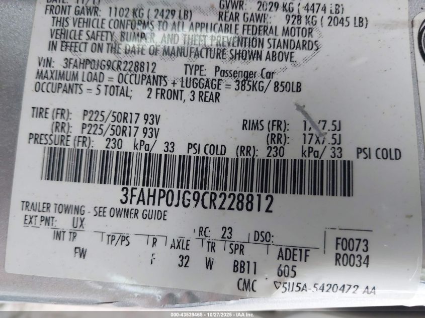 2012 Ford Fusion Sel VIN: 3FAHP0JG9CR228812 Lot: 43539465