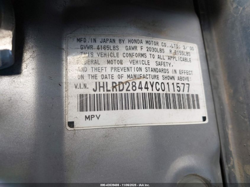 2000 Honda Cr-V Lx VIN: JHLRD2844YC011577 Lot: 43539486