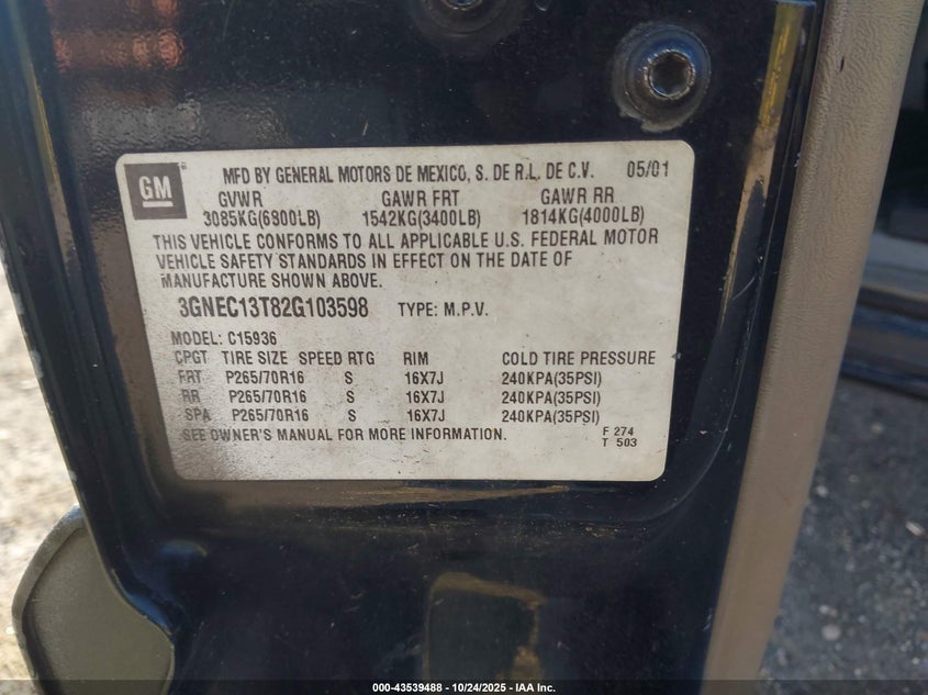 2002 Chevrolet Avalanche 1500 VIN: 3GNEC13T82G103598 Lot: 43539488