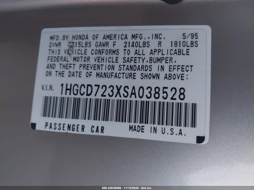 1995 Honda Accord Lx VIN: 1HGCD723XSA038528 Lot: 43539496