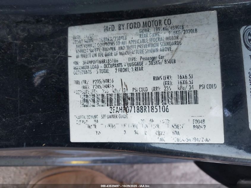 2008 Ford Fusion Se VIN: 3FAHP07188R185106 Lot: 43539497