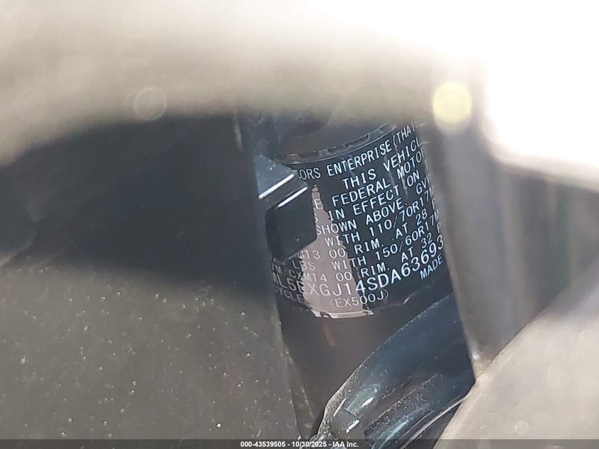 2025 Kawasaki Ex500 A/B VIN: ML5EXGJ14SDA63693 Lot: 43539505