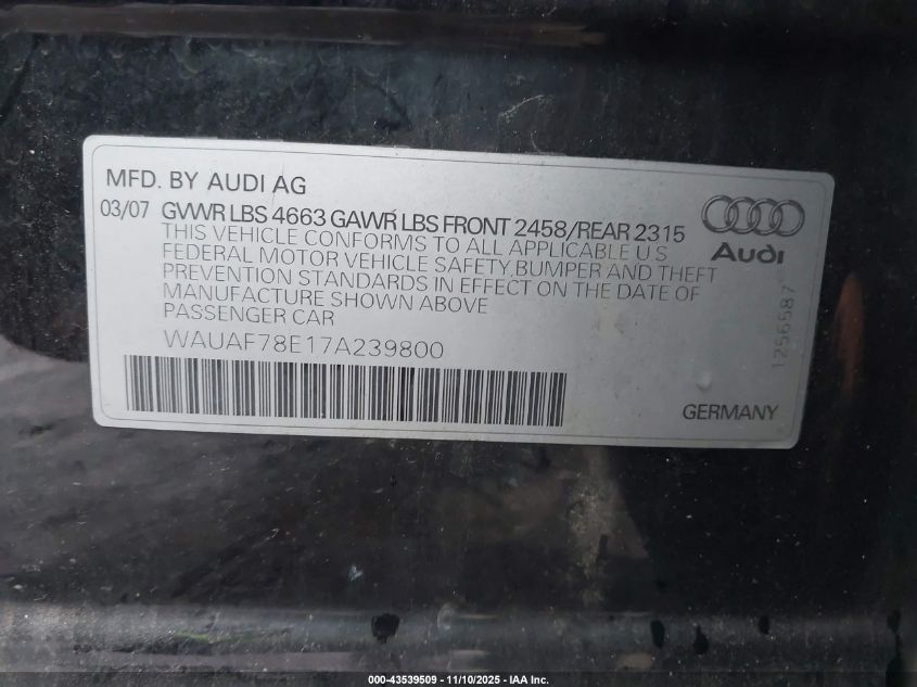 2007 Audi A4 2.0T VIN: WAUAF78E17A239800 Lot: 43539509