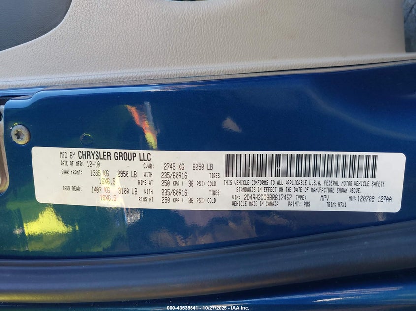 2011 Dodge Grand Caravan Mainstreet VIN: 2D4RN3DG9BR617457 Lot: 43539541