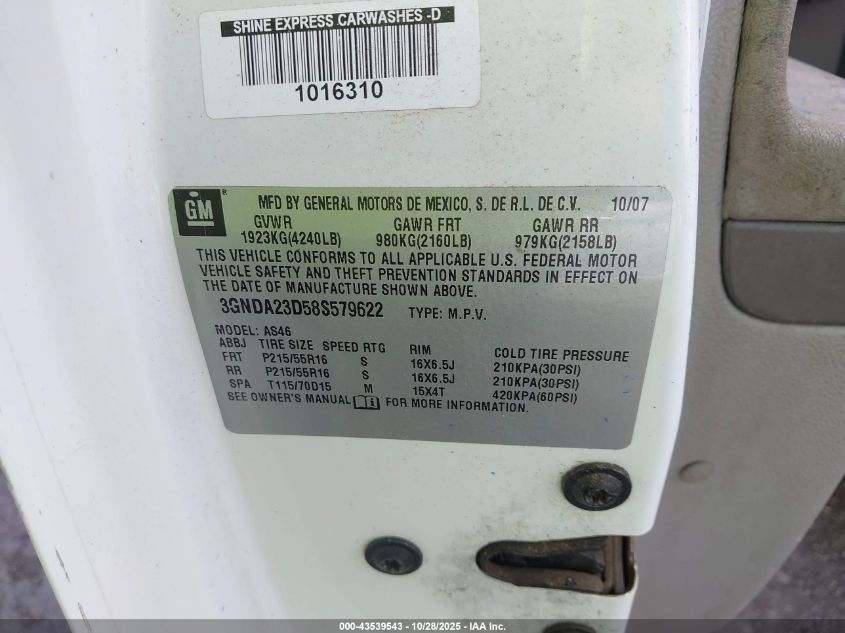 2008 Chevrolet Hhr Lt VIN: 3GNDA23D58S579622 Lot: 43539543