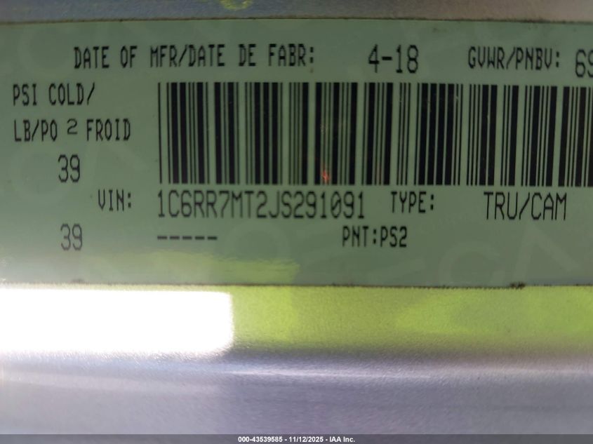 2018 Ram 1500 Sport VIN: 1C6RR7MT2JS291091 Lot: 43539585