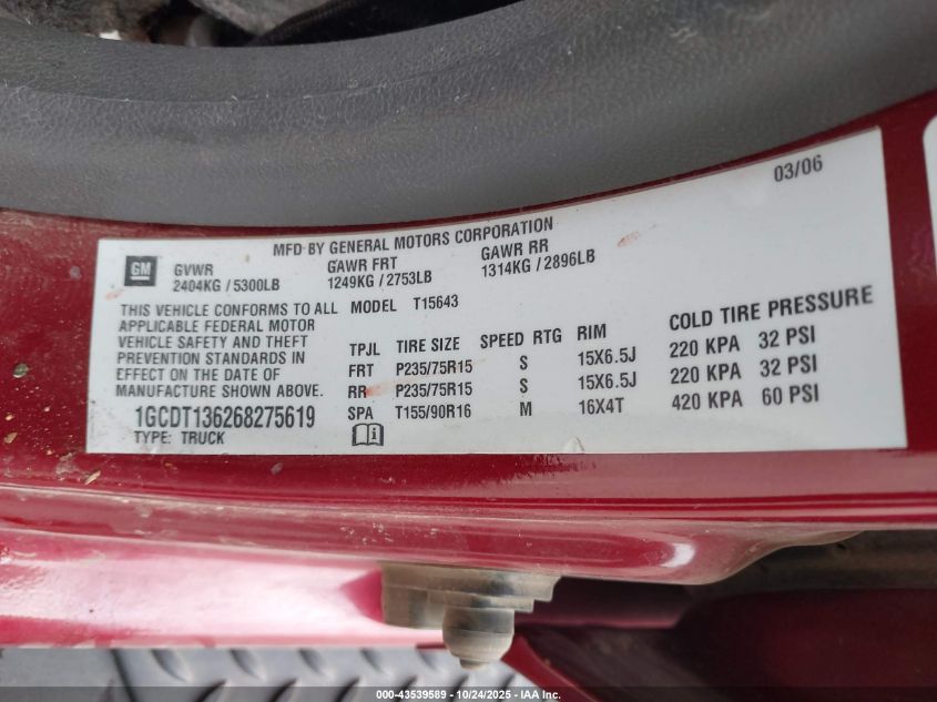 2006 Chevrolet Colorado Lt VIN: 1GCDT136268275619 Lot: 43539589