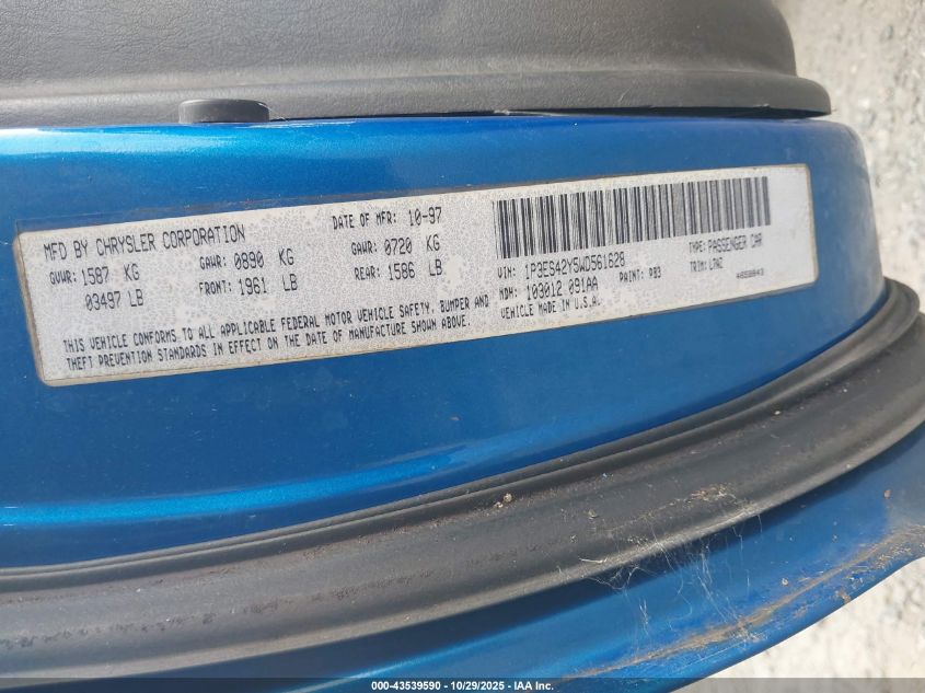 1998 Plymouth Neon Competition/Highline VIN: 1P3ES42Y5WD561628 Lot: 43539590