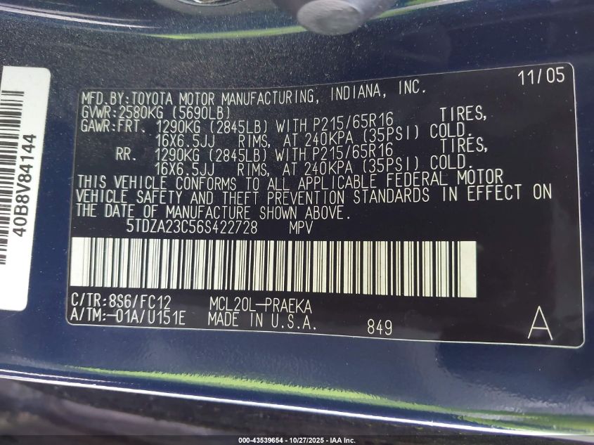 2006 Toyota Sienna Le VIN: 5TDZA23C56S422728 Lot: 43539654